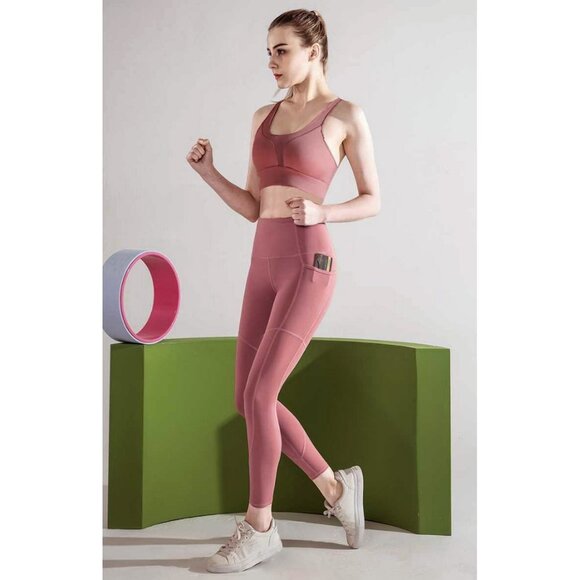 NEW Janice Active High Waist Side Pockets Full Length Leggings Dark Mauve Pink M - Picture 6 of 6
